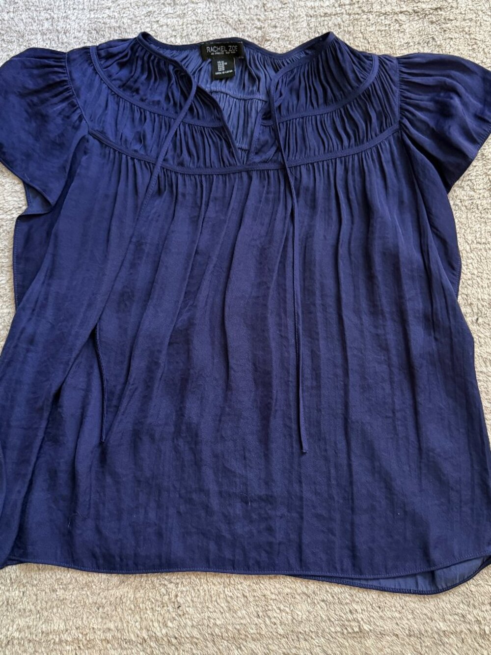 Rachel Zoe Deep Blue Smocked-Neck Flutter Sleeve Blouse